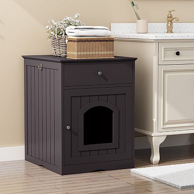 TEINIE Brown Wooden Cat Litter Box Enclosure Furniture Side Table Drawer