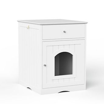 TEINIE White Wooden Cat Litter Box Enclosure Side Table Drawer Hidden Cabinet