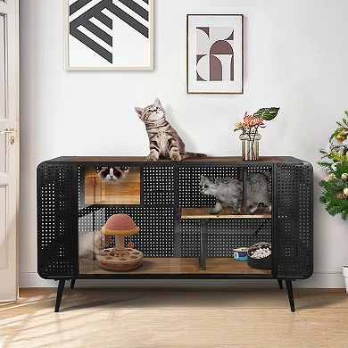 TEINIE Black & Brown Tempered Glass Cat House 55" Modern Pet Condo Shelves