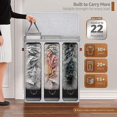 Sorbus 3-Compartment Laundry Basket with Removable Bag - Durable Organizer - Space Saving Design
