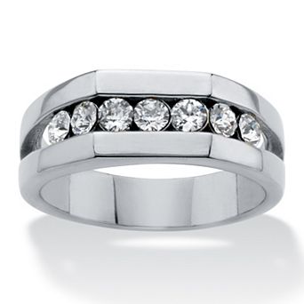 PalmBeach Jewelry Men's Round Crystal Stainless Steel Squared Wedding Band