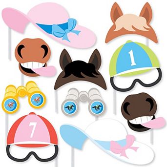 Big Dot of Happiness Derby Horse Race Photo Booth Prop Glasses, Masks, & Hat - 10 Count Prop Sticks