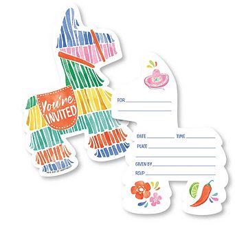 Big Dot of Happiness Fiesta Invitations with Envelopes, Pinata-Shaped Fill-In Flat Cards - Set of 12