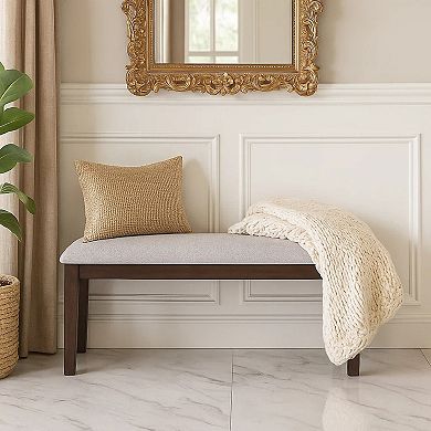 Dining Bench, White Fabric Walnut Brown Rubberwood, 46 Inch Foam Seat