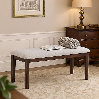 Dining Bench, White Fabric Walnut Brown Rubberwood, 46 Inch Foam Seat