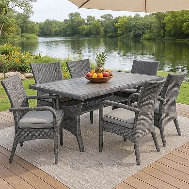 Maria Outdoor Dining Table, 57 Inch Top w/ Shelf, Gray Rattan Woven