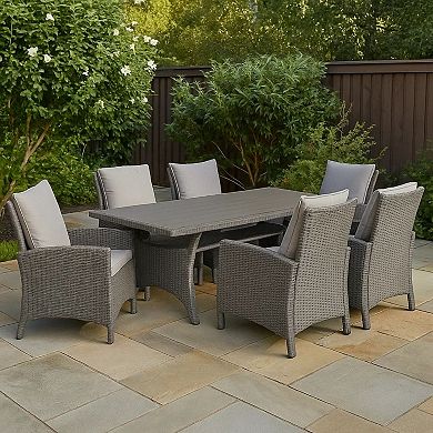 Maria Outdoor Dining Table, 57 Inch Top w/ Shelf, Gray Rattan Woven