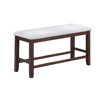 Counter Hight Dining Bench, White Fabric, Walnut Brown Wood, 46 Inch Seat