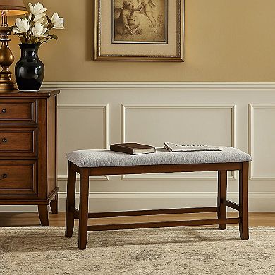 Counter Hight Dining Bench, White Fabric, Walnut Brown Wood, 46 Inch Seat