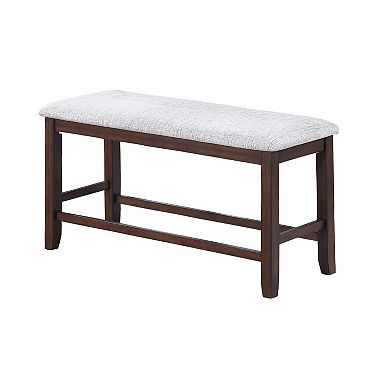 Counter Hight Dining Bench, White Fabric, Walnut Brown Wood, 46 Inch Seat