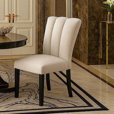 Dining Side Chair Set of 2, Foam Cushioned Beige Fabric, Black Wood