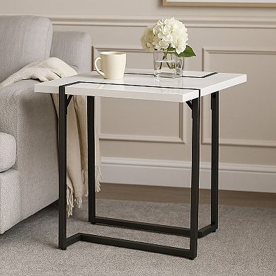Iry Side End Table, Black Steel Sled Base, 22 Inch, Gloss White Lacquer