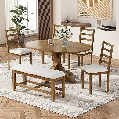 Merax Farmhouse 6-Piece 60inch Extendable Pedestal Dining Table Set with 18inch Removable Leaf