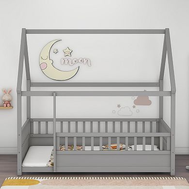 Merax House Frame Floor Bed Pine Wood High Fence Kids Play & Sleep Bed
