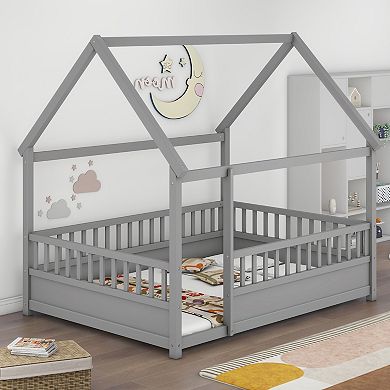 Merax House Frame Floor Bed Pine Wood High Fence Kids Play & Sleep Bed