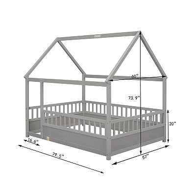 Merax House Frame Floor Bed Pine Wood High Fence Kids Play & Sleep Bed