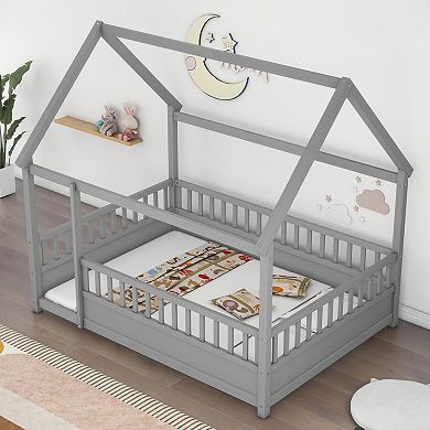 Merax House Frame Floor Bed Pine Wood High Fence Kids Play & Sleep Bed