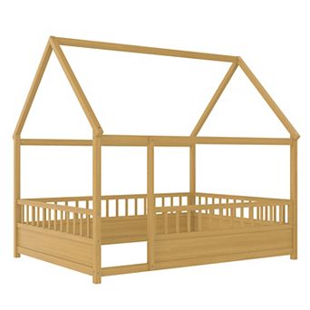 Merax House Frame Floor Bed Pine Wood High Fence Kids Play & Sleep Bed