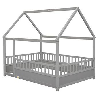 Merax House Frame Floor Bed Pine Wood High Fence Kids Play & Sleep Bed