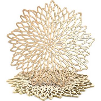 Gold Placemats - 14.4-Inch Round Vinyl with Leaf Design, Pack of 10 - Table Chargers