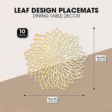 Gold Placemats - 14.4-Inch Round Vinyl with Leaf Design, Pack of 10 - Table Chargers