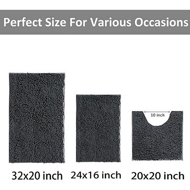 Great Ambitions Non-Slip 3-Piece Bath Mat Set, Chenille Bathroom Rugs with PVC Backing,Charcoal Grey
