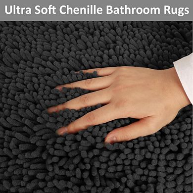 Great Ambitions Non-Slip 3-Piece Bath Mat Set, Chenille Bathroom Rugs with PVC Backing,Charcoal Grey