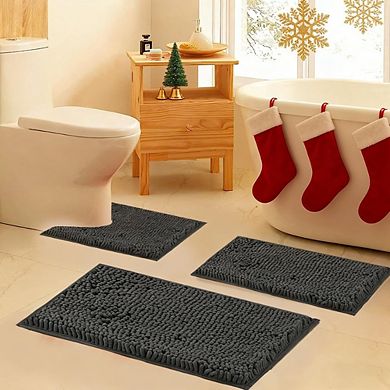 Great Ambitions Non-Slip 3-Piece Bath Mat Set, Chenille Bathroom Rugs with PVC Backing,Charcoal Grey