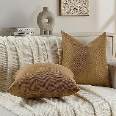 Camel Chenille Throw Pillow Covers 18x18 Inch Set of 2,Soft Wide Chevron Textured Cushion Case