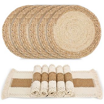 Handmade Boho Placemats Set of 6 - Cotton Burlap and Water Straw Woven Combination Table Mats
