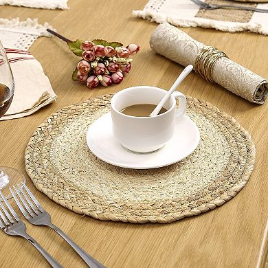 Handmade Boho Placemats Set of 6 - Cotton Burlap and Water Straw Woven Combination Table Mats