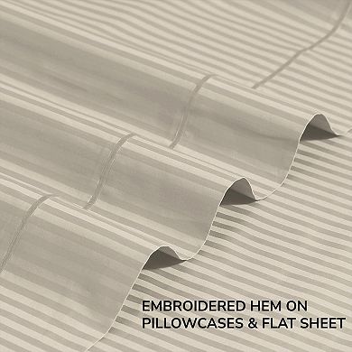 500 TC Queen Size Damask Bed Sheet Set, Cotton Soft Breathable Bedsheets, 4 Piece - (Beige, Queen)