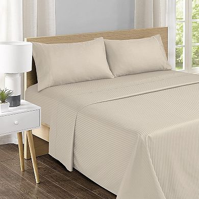 500 TC Queen Size Damask Bed Sheet Set, Cotton Soft Breathable Bedsheets, 4 Piece - (Beige, Queen)