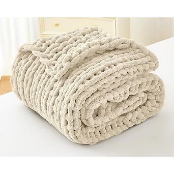 Great Ambitions Hand Knit Chunky Chenille Throw Blanket, 51"x63", Ivory