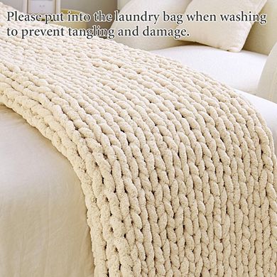 Great Ambitions Hand Knit Chunky Chenille Throw Blanket, 51"x63", Ivory