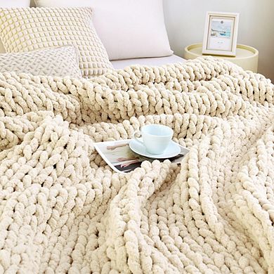 Great Ambitions Hand Knit Chunky Chenille Throw Blanket, 51"x63", Ivory