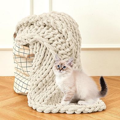 Great Ambitions Hand Knit Chunky Chenille Throw Blanket, 51"x63", Ivory