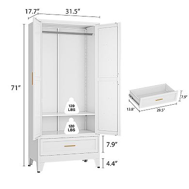 Metal Wardrobe Closet with Drawers, 71" H, 1 Adjustable Shelf, 2 Doors