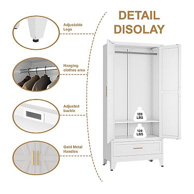 Metal Wardrobe Closet with Drawers, 71" H, 1 Adjustable Shelf, 2 Doors