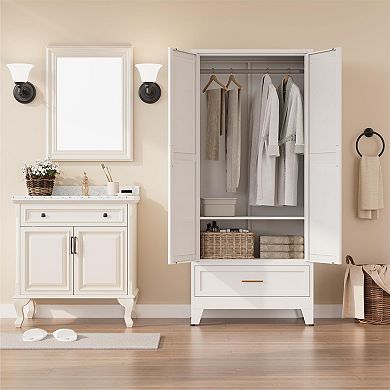 Metal Wardrobe Closet with Drawers, 71" H, 1 Adjustable Shelf, 2 Doors