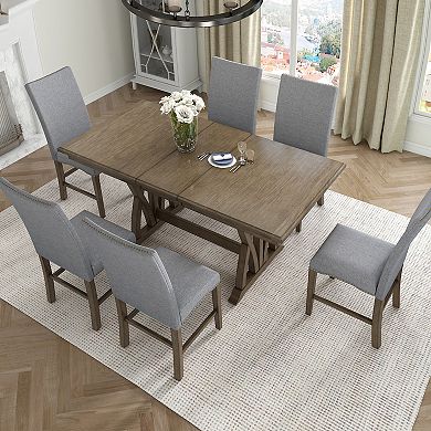 Merax Mid-Century Solid Wood 7-Piece Dining Table Set Extendable Kitchen Table Set with Chairs