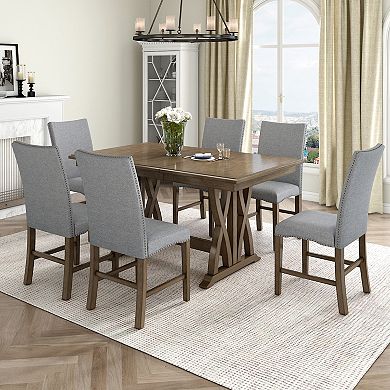 Merax Mid-Century Solid Wood 7-Piece Dining Table Set Extendable Kitchen Table Set with Chairs