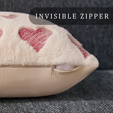 Valentine's Pillow Covers 18x18 Inch, Set of 2 Red Embroidery Heart Plush Covers, No Insert