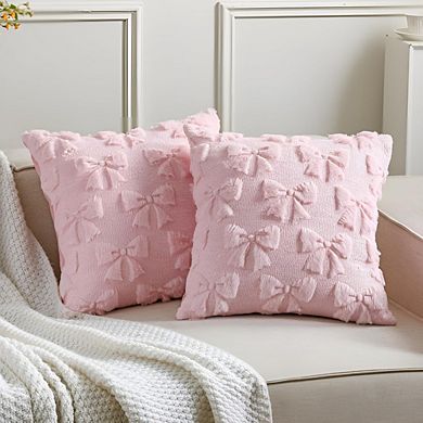 Great Ambitions Pink Plush Bow Pillow Covers Set of 2, 18x18 Inch Coquette Decor, No Insert
