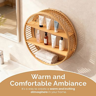 Vintiquewise Round Wall Shelf with 2 Wooden Tiers, Hanging Wall Decor & Floating Display Rack