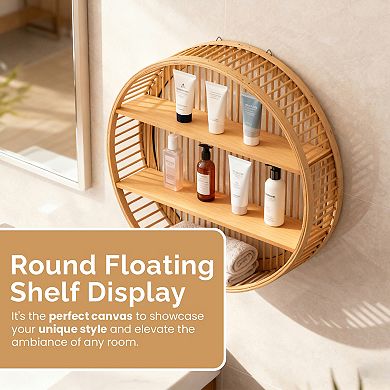 Vintiquewise Round Wall Shelf with 2 Wooden Tiers, Hanging Wall Decor & Floating Display Rack