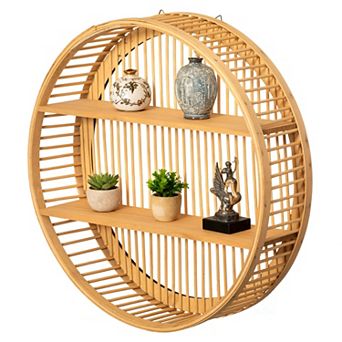 Vintiquewise Round Wall Shelf with 2 Wooden Tiers, Hanging Wall Decor & Floating Display Rack