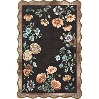 Floral Scalloped Entryway Rug 2x3 Washable Non-Slip Low-Pile Indoor Door Mat, Black