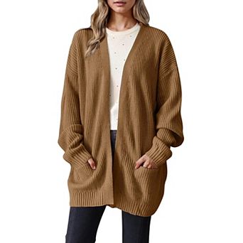 Women Ribbed Striped Knit Plus Size Cardigans Long Sleeve Loose Sweater with Pockets