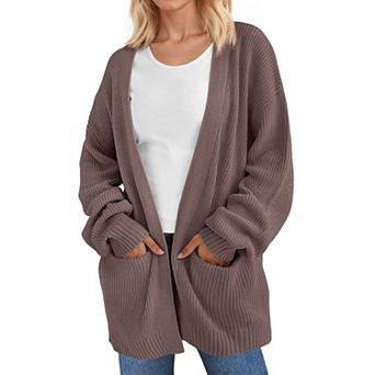 Women Ribbed Striped Knit Plus Size Cardigans Long Sleeve Loose Sweater with Pockets